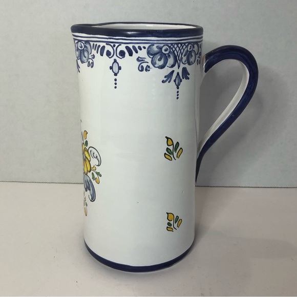 Hand made ceramic floral 9 inch blue and yellow pitcher from Spain - Picture 2 of 6